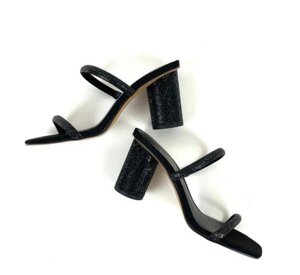 Dolce Vita Noles Black Rhinestone Square Toe Block Heel Slide Sandals 6.5